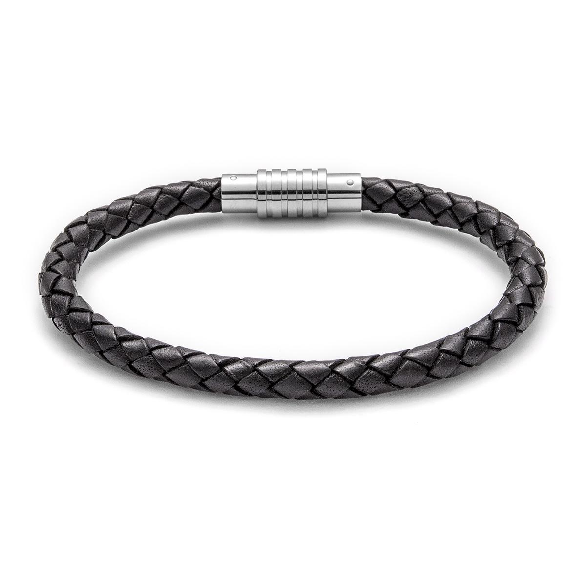 Black Bracelet Men's Braided Leather Bangle Stainless Steel