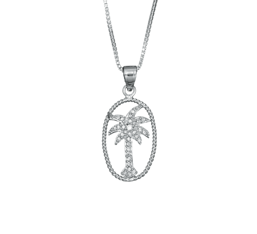 Sterling Silver Small Palm Tree with Surround CZ Necklace