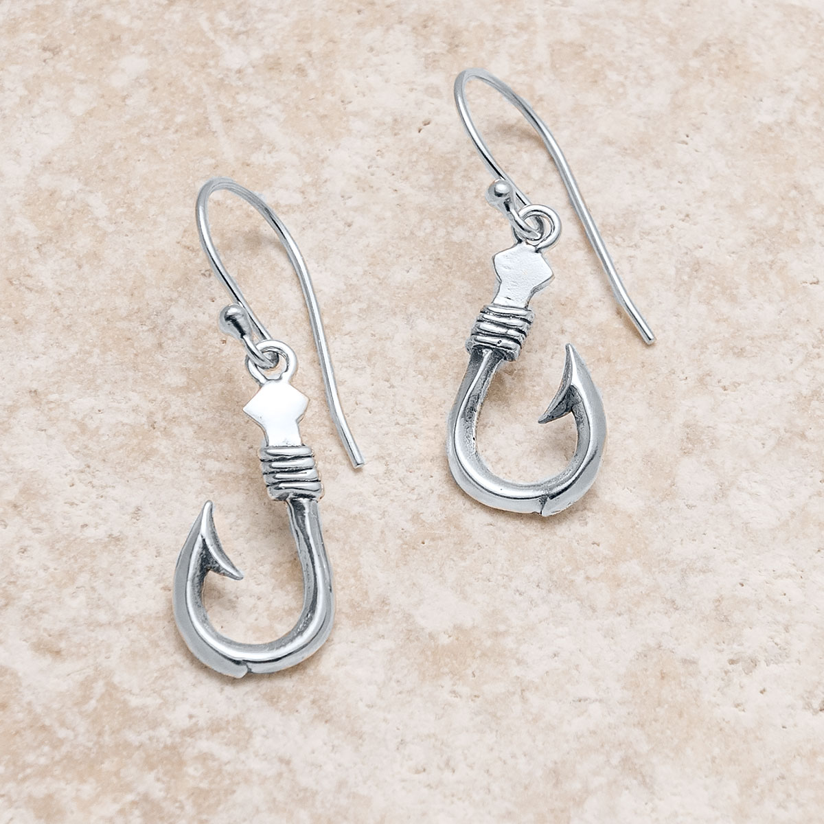 Puzzled Silver Ship Anchor Fish Hook Earrings, 1.5 Inch