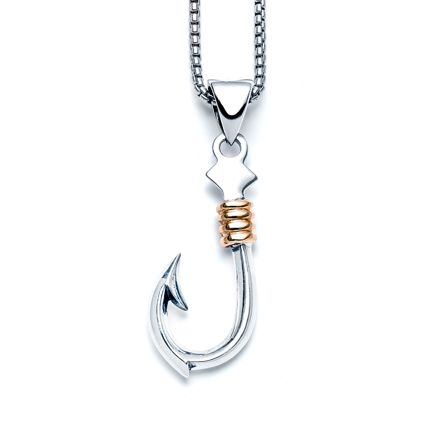 Two Tone Small Fish Hook Necklace in Sterling Silver With 14k Gold Detail