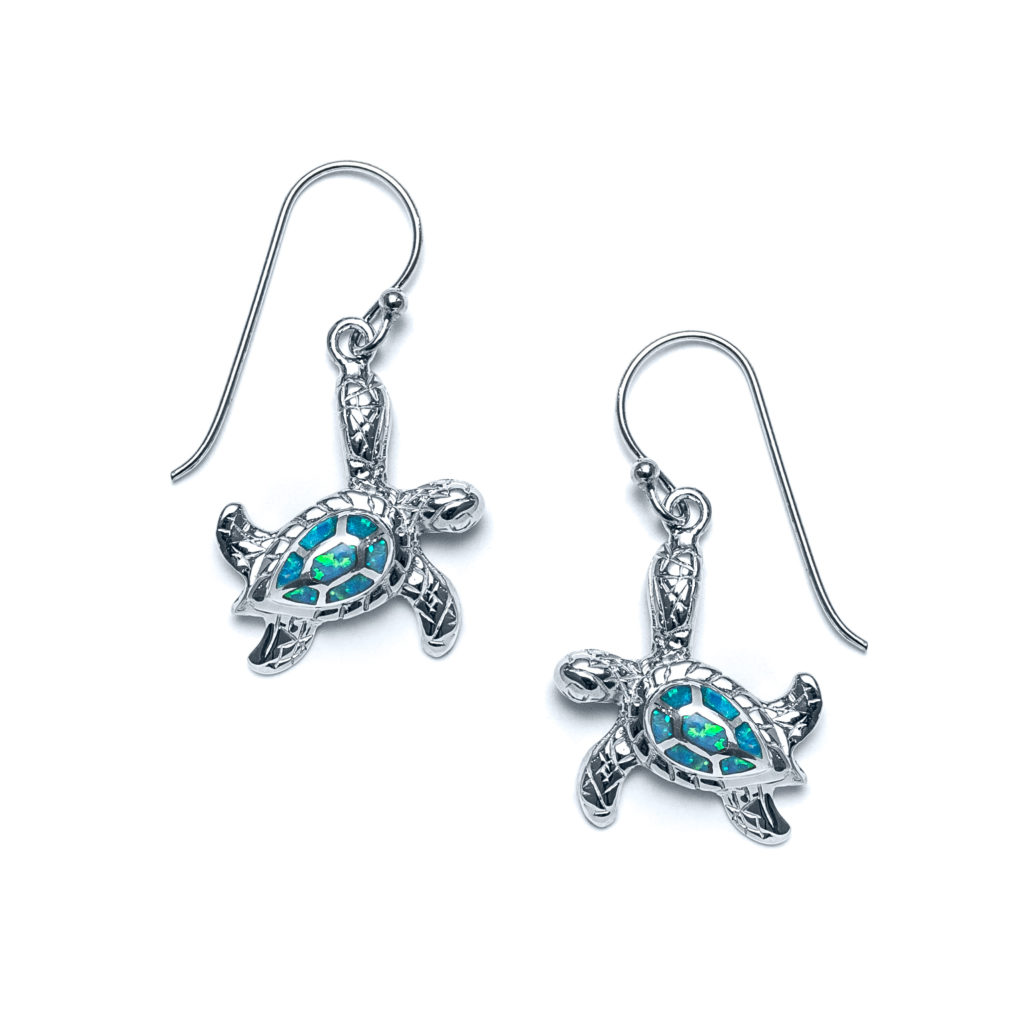 Blue Opal Sideways Sea Turtle Earrings in Sterling Silver