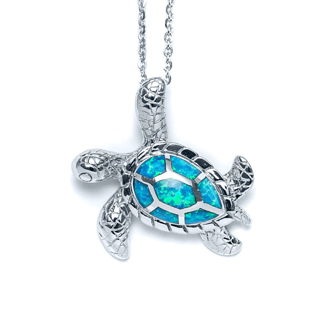 Blue Opal Sideways Sea Turtle Necklace in Sterling Silver