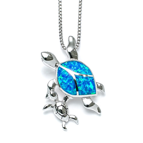 Blue Opal Sea Turtle With Child Necklace In Sterling Silver