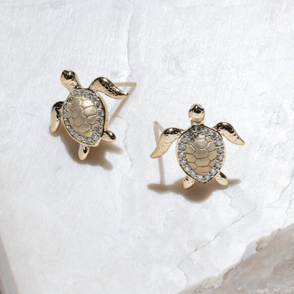 Radiant Sea Turtle 14k Yellow Gold and Diamond Stud Earrings